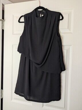 Roly Draped Sleeve Cocktail Dress Black Sleeveless Overlay Sheath Size Medium